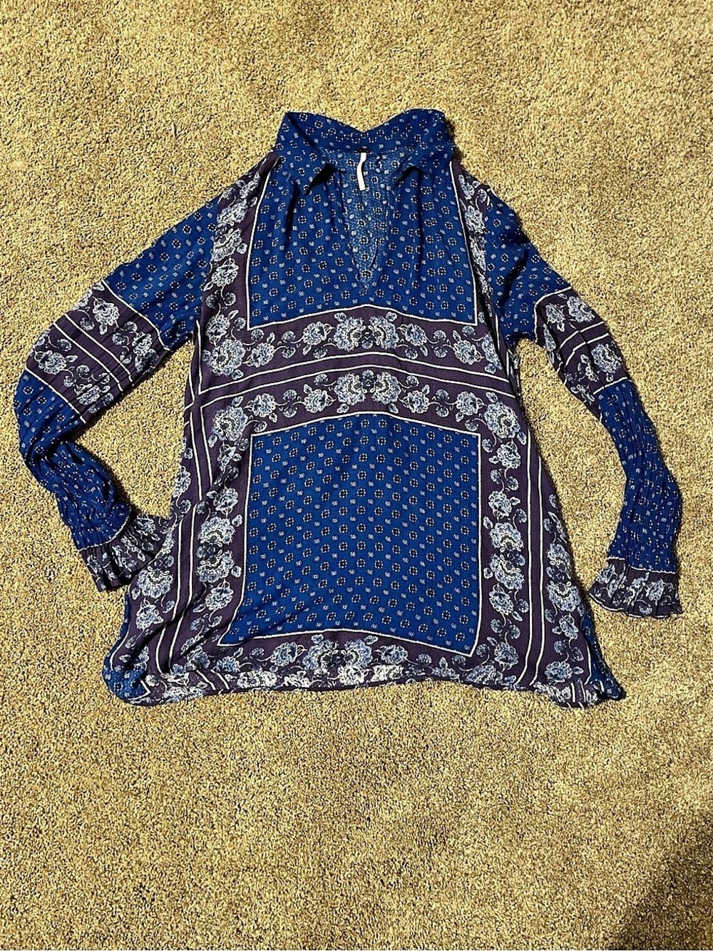 Free People Blue & Purple Floral Long Sleeve Top Medium
